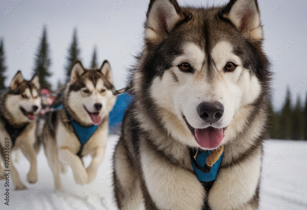 front view at four siberian huskys at race in winter