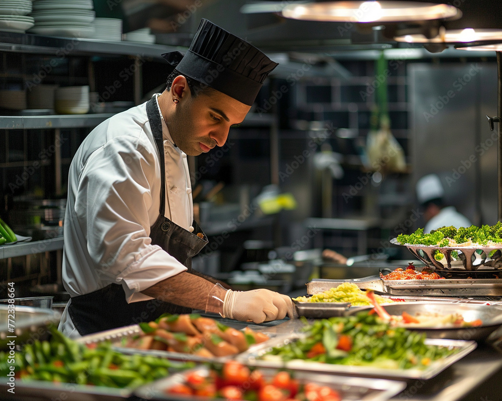 A chef displaying their craft with a beautifully crafted bustle of activity in the kitchen, A chef displaying their craft with a beautifully crafted bustle of activity in the kitchen,