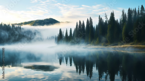 Morning mist covers a beautiful lake surrounded by pine forest