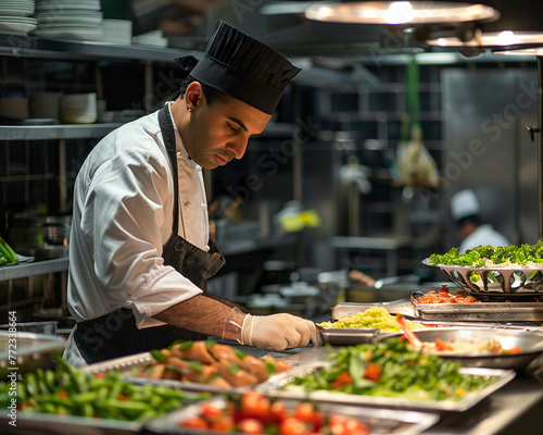 A chef displaying their craft with a beautifully crafted bustle of activity in the kitchen,
