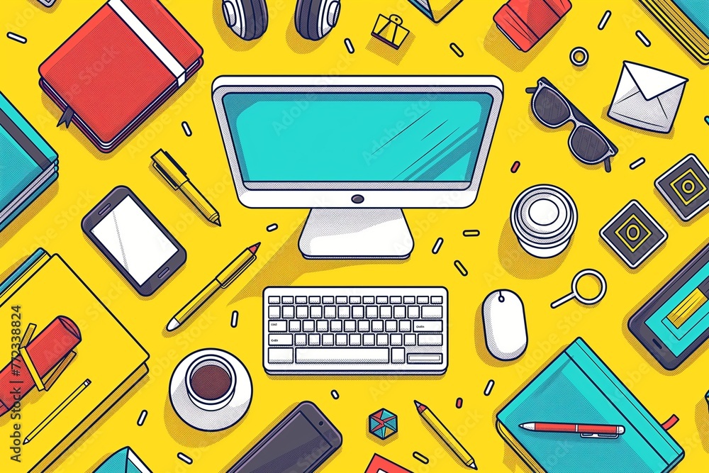 Computer workspace top down view flat cartoon illustration Stock ...