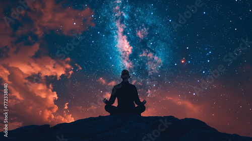 A dramatic silhouette of a Great Teacher-Lord sitting in meditation beneath a star-filled sky, with copy space above the figure, symbolizing the connection between earthly and cele