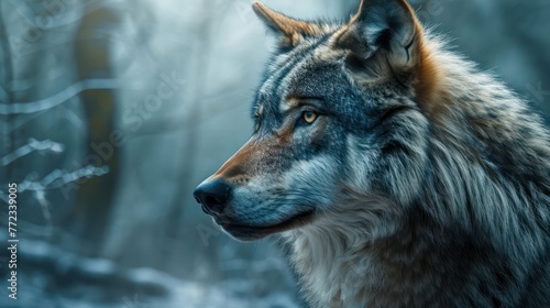 regal wolf with a mystical aura  embodying the guardian spirit of the fairy tale wilderness under the silvery moonlight