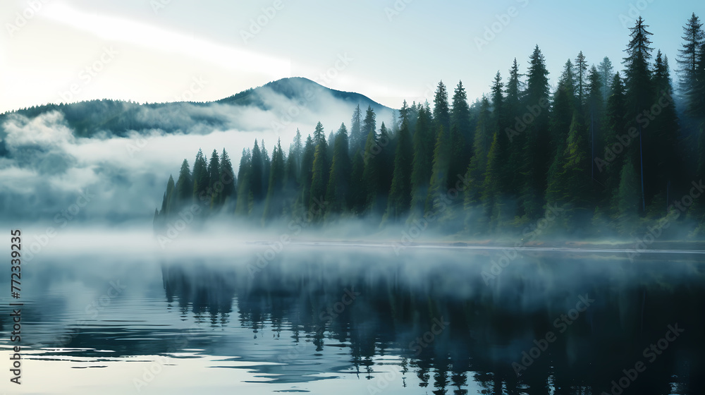 Fototapeta premium Morning mist covers a beautiful lake surrounded by pine forest