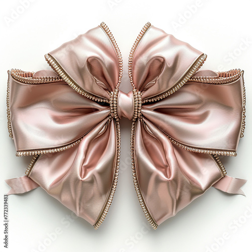 Decorative rose gold bow with long ribbon isolated on white background, generative Ai