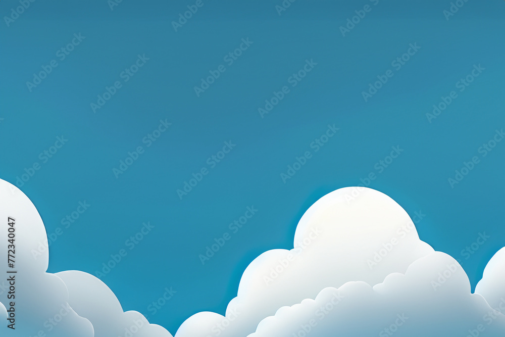 Realistic white cloud background design, empty blue sky illustration template. Clouds in the sky on a blue background. Blue sky background with white clouds.