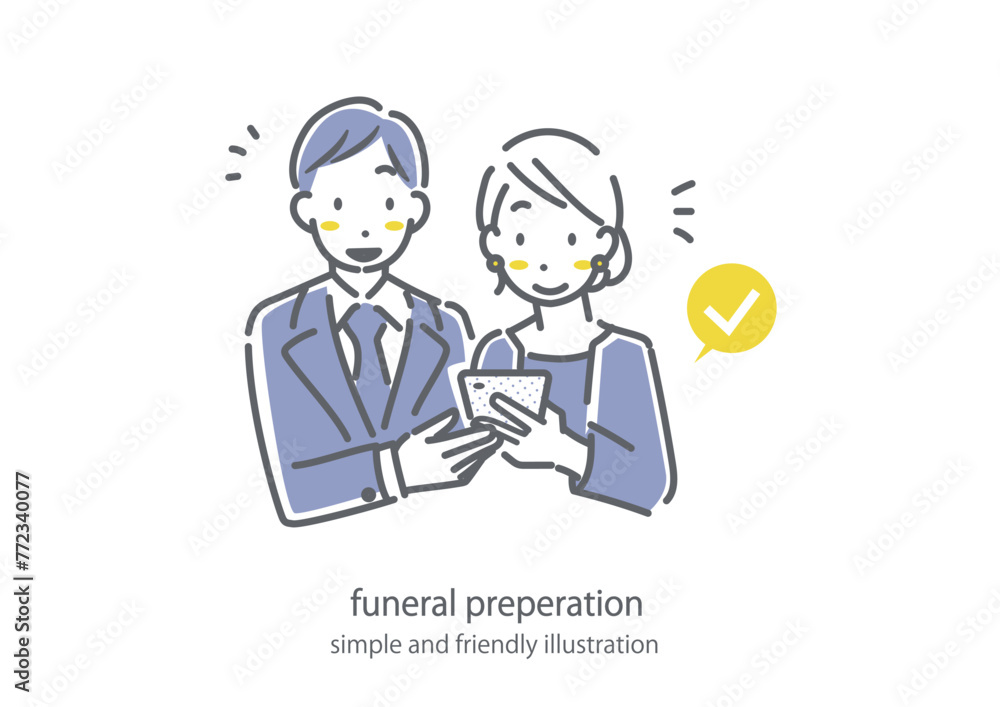 お葬式について調べる若い夫婦　喪服　シンプルでお洒落な線画イラスト