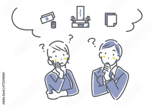 お墓について考える若い夫婦　シンプルでお洒落な線画イラスト