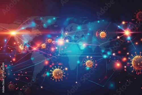 A digital illustration depicting the worldwide spread of a virus with glowing connections and hotspots on a world map.