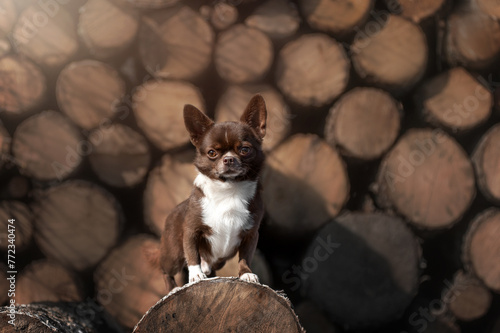 chihuahua dog pet walking in the yard, wooden background, beautiful chocolate dog portrait