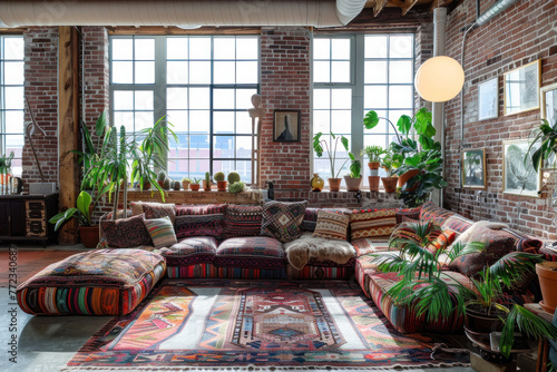 A vibrant urban loft with colorful sofas, exposed brick, and an abundance of green plants