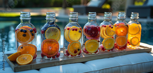 A tray of colorful fruit-infused water bottles, with slices of oranges, lemons, and berries floating inside, on a poolside lounge chair