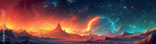 Create Children's illustration of a space-themed landscape using vector art with realistic lighting and wide-angle lens effects, enhanced by generative AI.