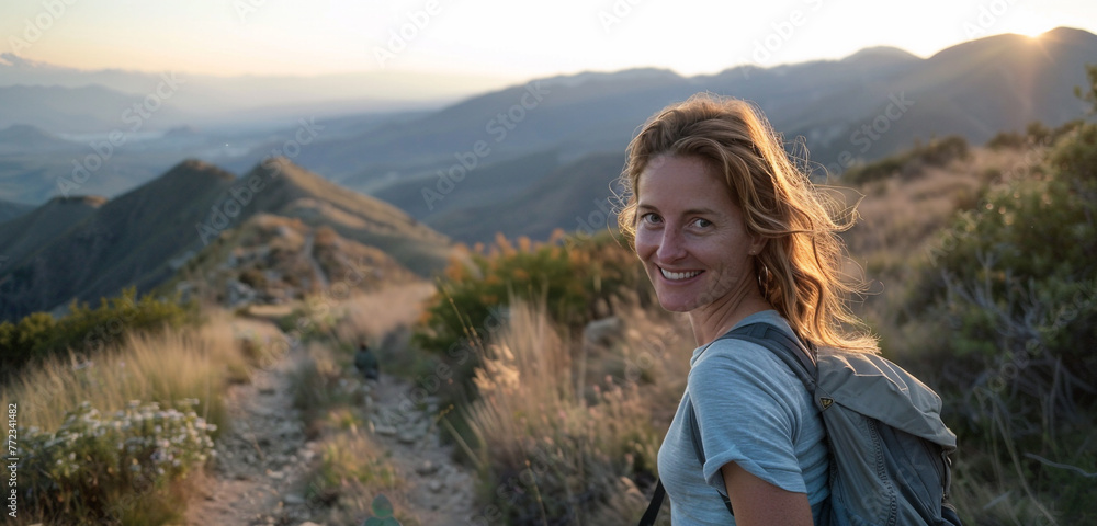 A woman pausing on a mountain trail, her face lit by the soft light of early morning as she turns to smile at the camera