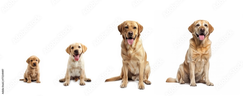 Collection of Labrador Retrievers of different ages. Four Labrador Retrievers, puppy, teenage, adult and senior. Dog age and Veterinarian concept. Collection of Labrador Retrievers of different ages. Four Labrador Retrievers, puppy, teenage, adult and senior. Dog age and Veterinarian concept.