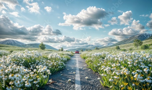 Road in the mountains with white flowers and blue sky with white clouds © LAYHONG