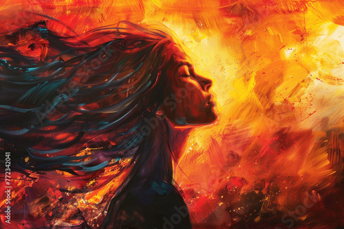 An expressive painting of a woman with her hair flowing, enveloped in vibrant warm colors