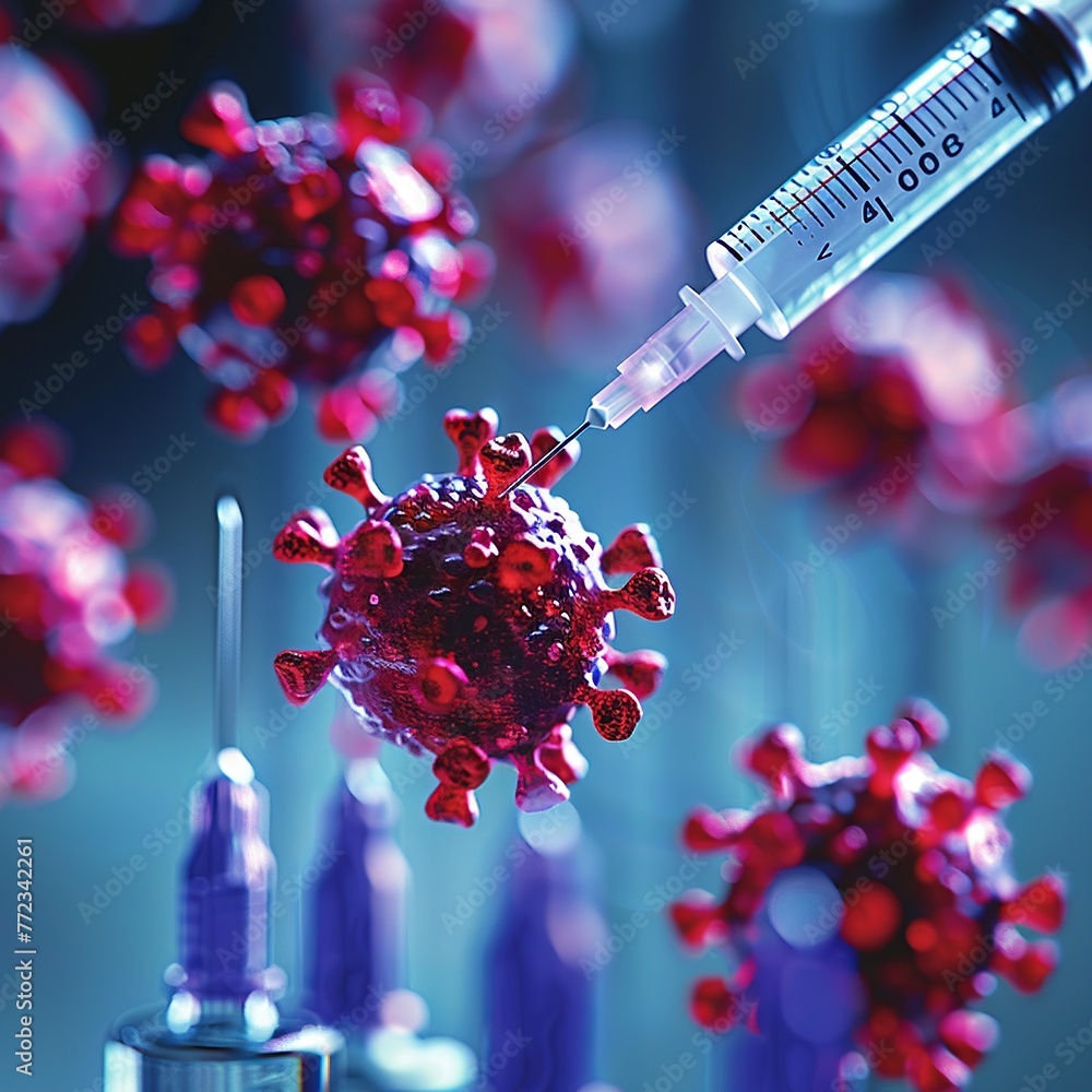 Closeup of needle syringe collecting biopsy sample, virus research backdrop Closeup of needle syringe collecting biopsy sample, virus research backdrop