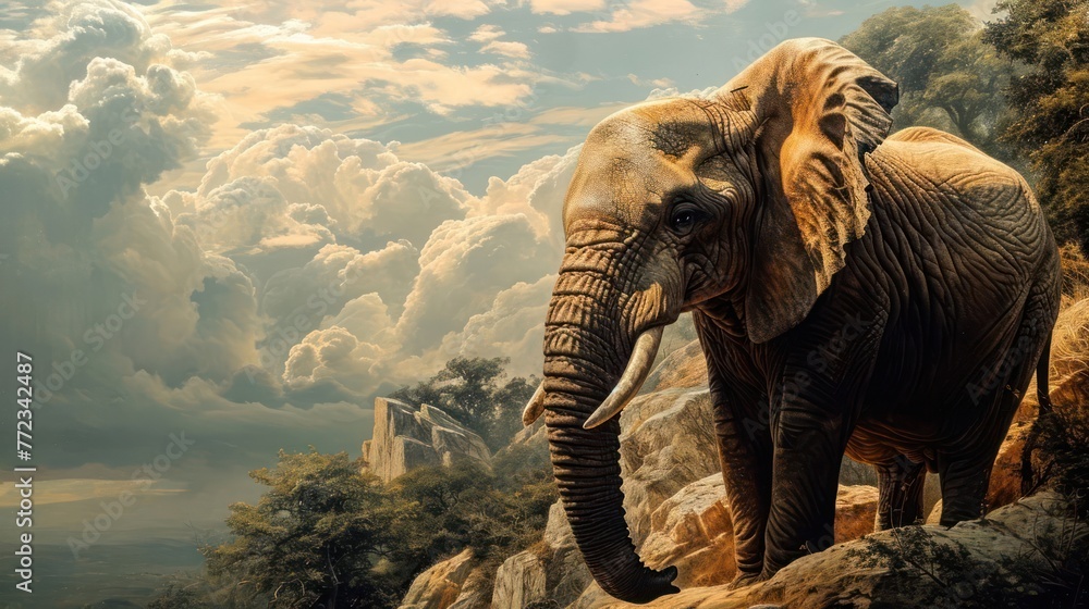 Fototapeta premium serene elephant portrayed in the timeless art style, emphasizing the gentle nature of this iconic creature