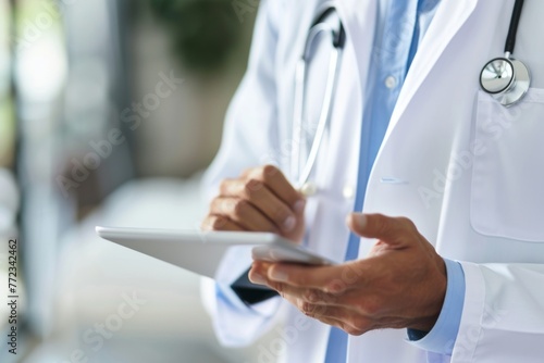 Close-up of a medical professional in a white coat using a digital tablet to access patient information or healthcare records.