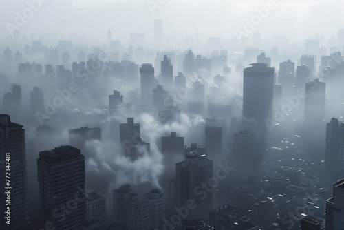 City view with smoke in grey tones. Air pollution issue.  Generative AI. © pomiti