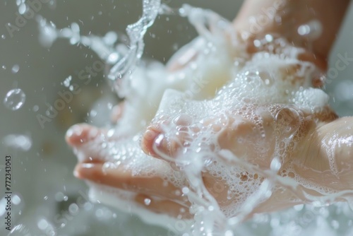 A close-up image capturing the hygienic routine of hands being thoroughly washed with sudsy soap and water droplets visible.