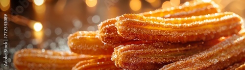 Churros with cinnamon sugar in air fryer, golden hour light, side angle, photorealistic, food photograpy , professional color grading, photo