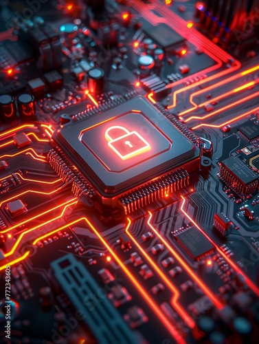 Secure login on computer motherboard, lock symbol glowing, closeup, cybersecurity concept