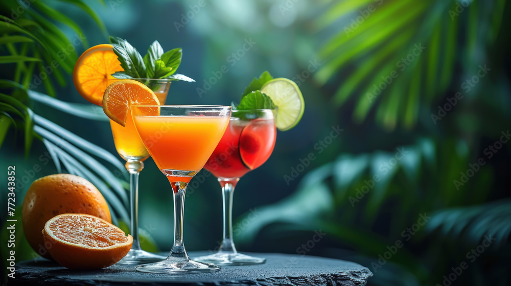 Vibrant tropical fruit cocktails adorned with mint and citrus, bathed in the natural sunlight among lush greenery. - obrazy, fototapety, plakaty 