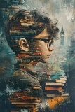 Illustration depicting a young boy immersed in books, surrounded by elements of knowledge and scientific concepts in a creative and visually appealing graphic design.