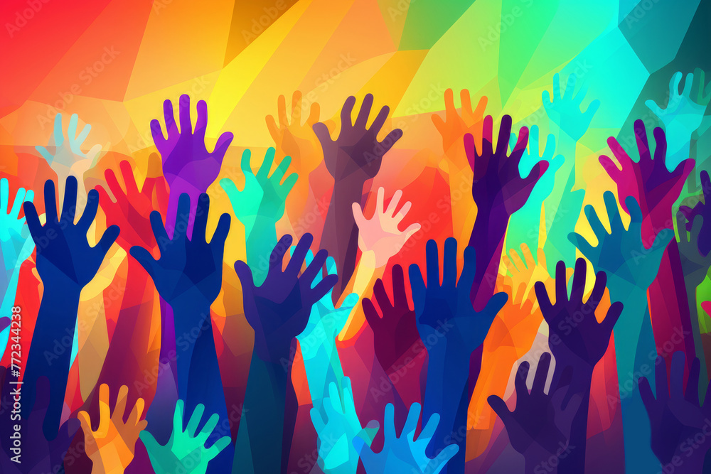 Multicolored raised hands. The concept of the struggle for rights, freedom, rally, elections.