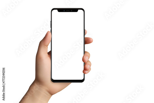 Smartphone with transparent screen in left hand on transparent background