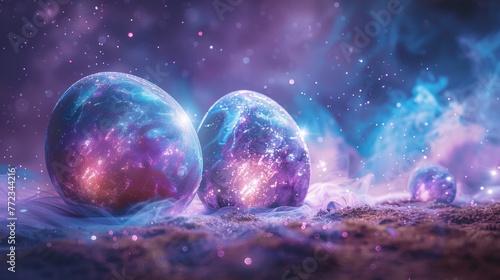 Ethereal orbs with swirling cosmic patterns and glittering stars set against a dreamy bokeh backdrop, evoking a sense of magic and wonder