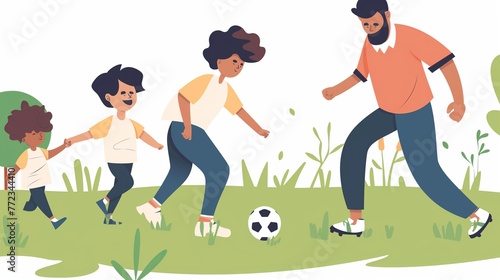 Family playing football soccer in the park  flat cartoon illustration  sportive family activity