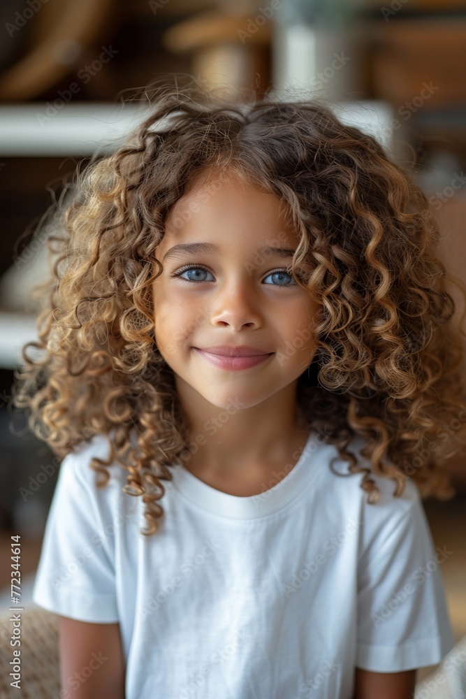 Create a digital collage featuring a cheerful child with a radiant smile, gazing directly at the camera, showcasing her beautiful long, curly hair. Create a digital collage featuring a cheerful child with a radiant smile, gazing directly at the camera, showcasing her beautiful long, curly hair.
