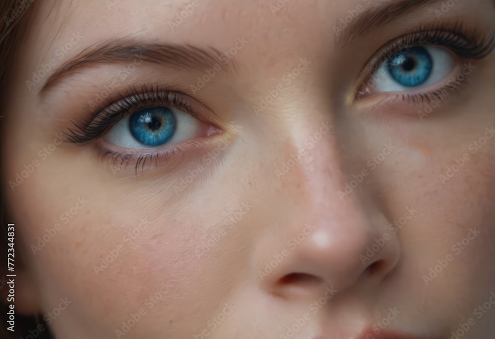 Obraz premium Close up fashion portrait of seductive sexy woman with big blue eyes ,full lips , prefect skin and long fluffy curled hairstyle. Natural make up.