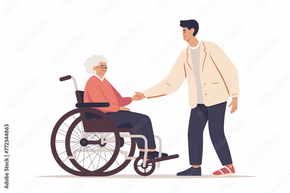 An elderly woman in a wheelchair with her son, flat cartoon illustration An elderly woman in a wheelchair with her son, flat cartoon illustration