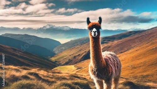 A vibrant landscape photo of a playful and curious llama with a furry coat, long neck, and large eyes, standing on rolling hills in mountainous terrain under the mid-day sun. AI Generated photo