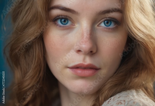 Close up fashion portrait of seductive sexy woman with big blue eyes ,full lips , prefect skin and long fluffy curled hairstyle. Natural make up. photo