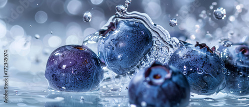 Blueberries causing tiny explosions of bubbles as they hit the water