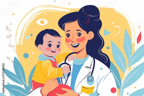 Child patient with a pediatric doctor, flat cartoon illustration
