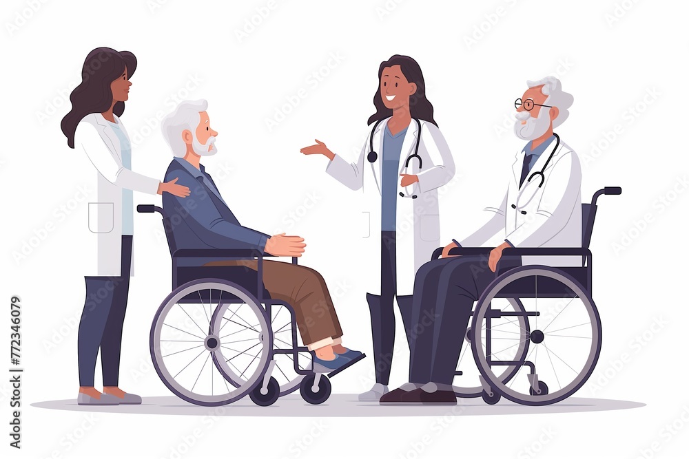 An elderly person in a wheelchair with nurses, flat cartoon illustration An elderly person in a wheelchair with nurses, flat cartoon illustration
