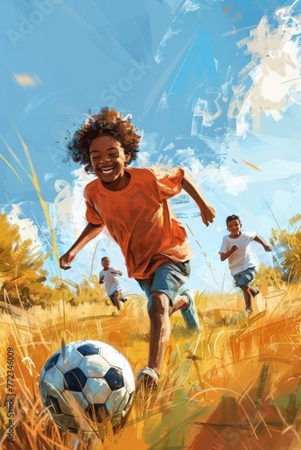 An AI-generated image of a joyful Black child sprinting alongside companions while holding a football.