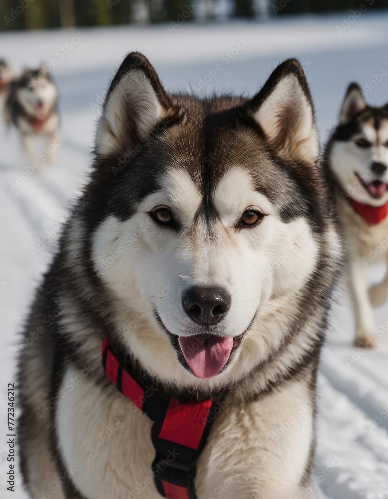 front view at four siberian huskys at race in winter