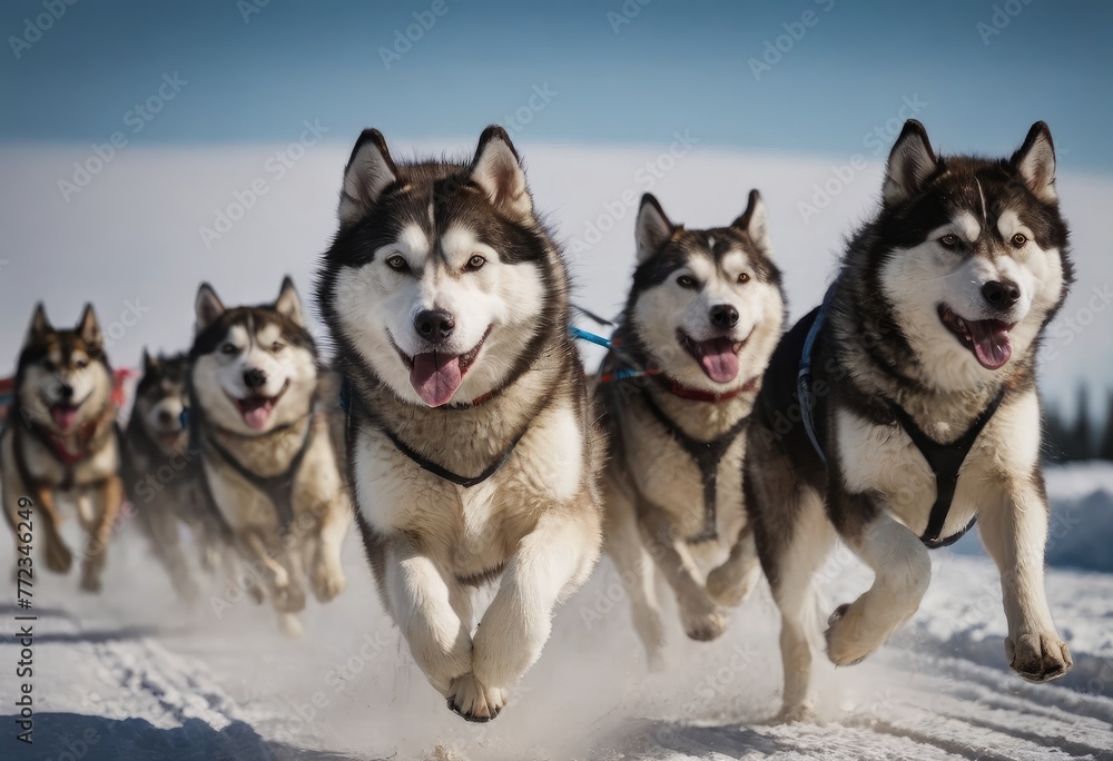 front view at four siberian huskys at race in winter front view at four siberian huskys at race in winter