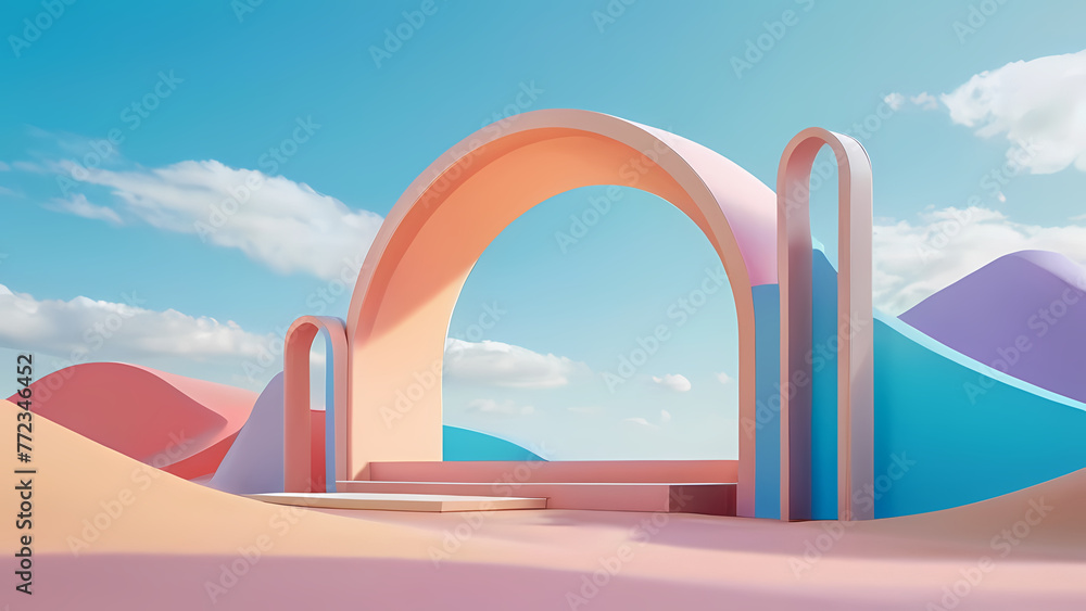 3d Render, Abstract Surreal pastel landscape background with arches and podium. Generative AI