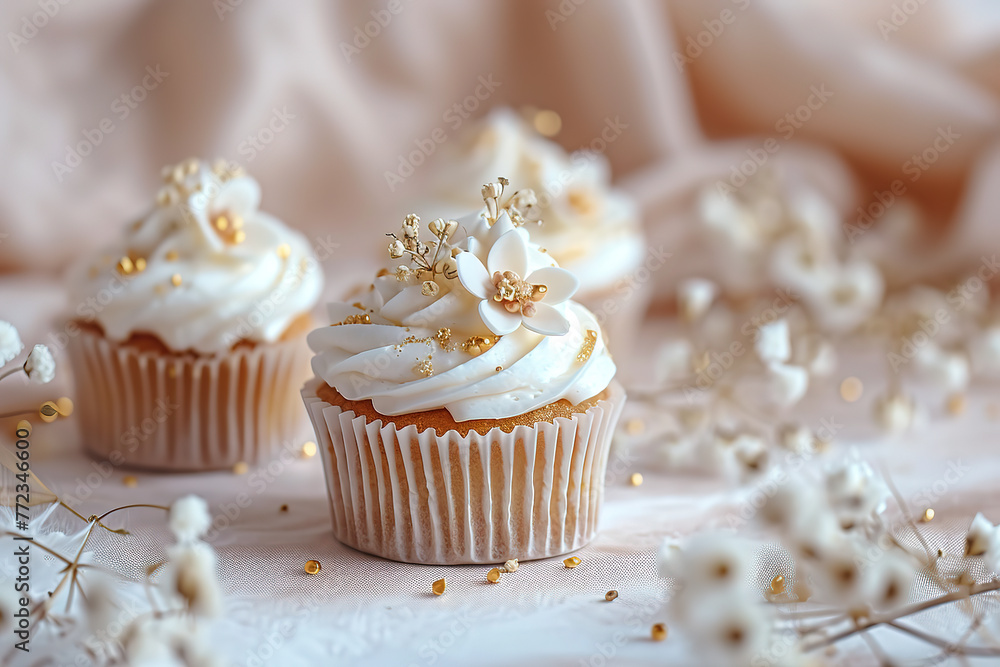 Wedding cupcakes decorated with whipped cream and caramel. Generative AI