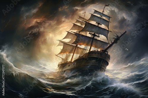 Uncontrollable Ship fire in sea storm. Waves wind. Generate Ai