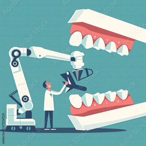 A dentist with a big jaw and tooth installing a prosthetic tooth, cartoon flat illustration