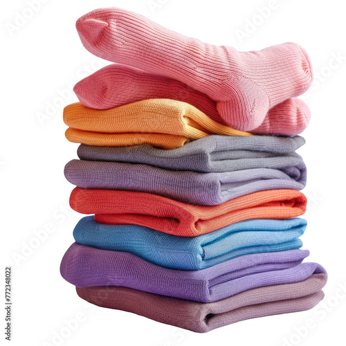 a pile of socks of different colors stacked on top of each other on a transparent background